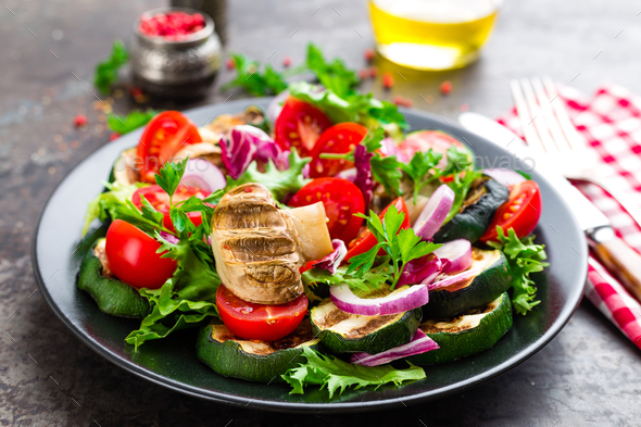 Salad with fresh and grilled vegetables and mushrooms - Stock Photo - Images