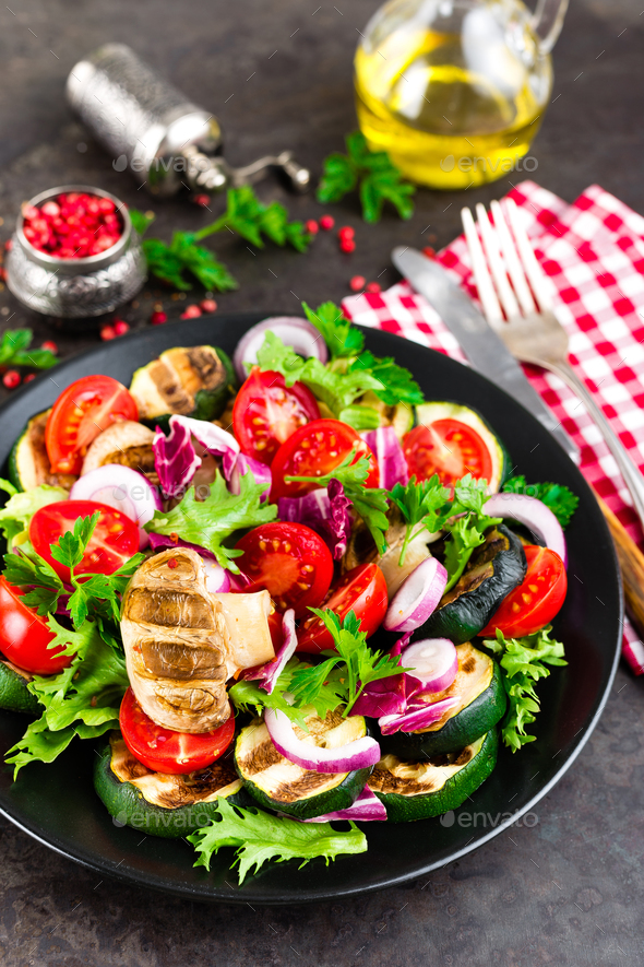 Salad with fresh and grilled vegetables and mushrooms - Stock Photo - Images