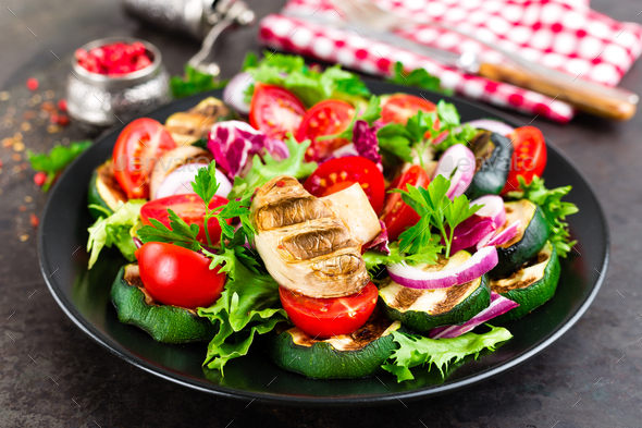 Salad with fresh and grilled vegetables and mushrooms - Stock Photo - Images