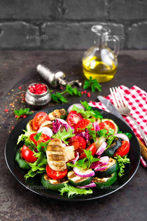 Salad with fresh and grilled vegetables and mushrooms - Stock Photo - Images