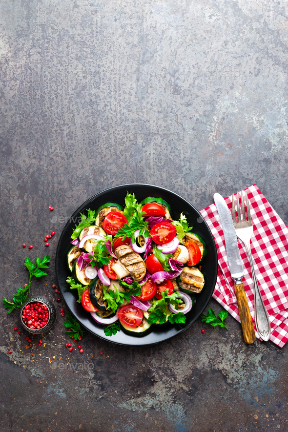 Salad with fresh and grilled vegetables and mushrooms - Stock Photo - Images