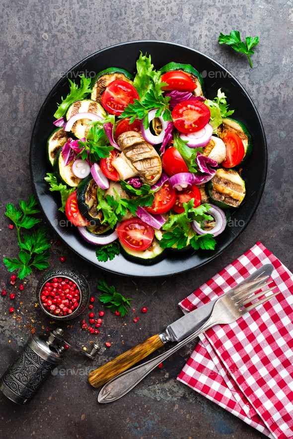 Salad with fresh and grilled vegetables and mushrooms - Stock Photo - Images
