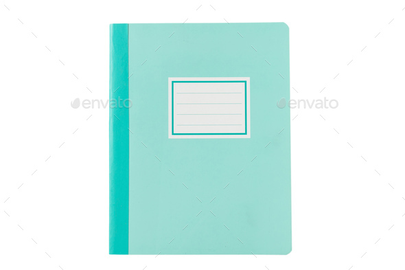 School notebook old fashioned isolated on white background, blank label,  copy space, top view Stock Photo by rawf8