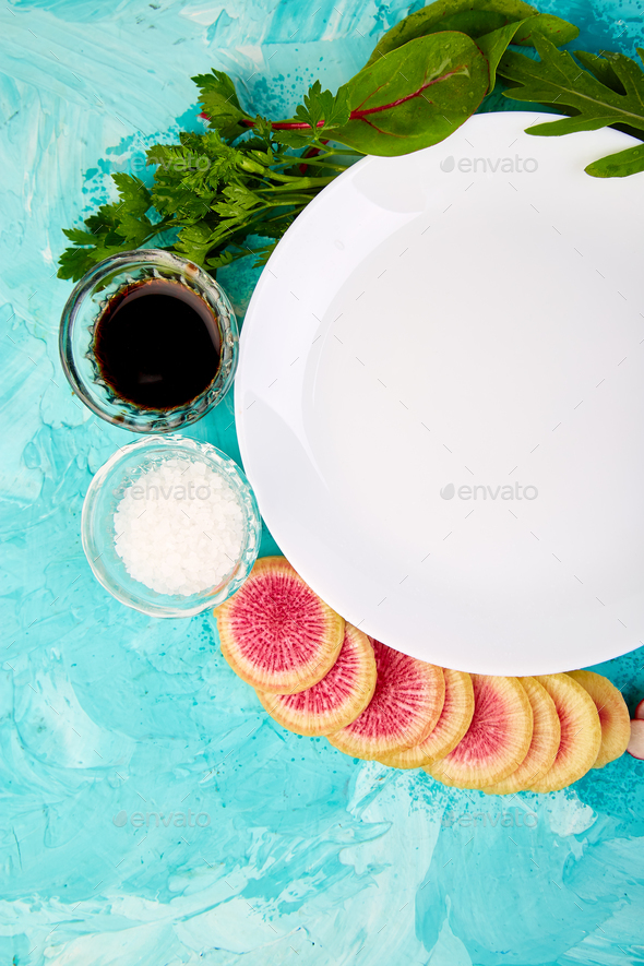Empty white plate. Ingredient and salad - Stock Photo - Images