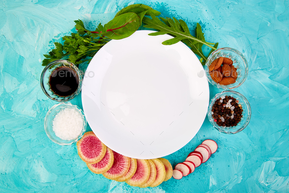 Empty white plate. Ingredient and salad - Stock Photo - Images