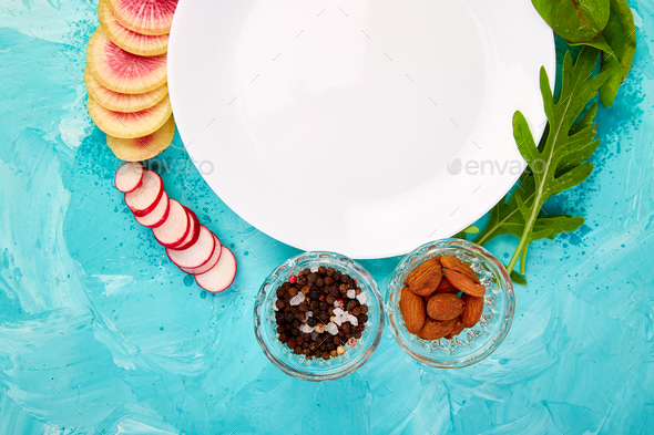 Empty white plate. Ingredient and salad - Stock Photo - Images
