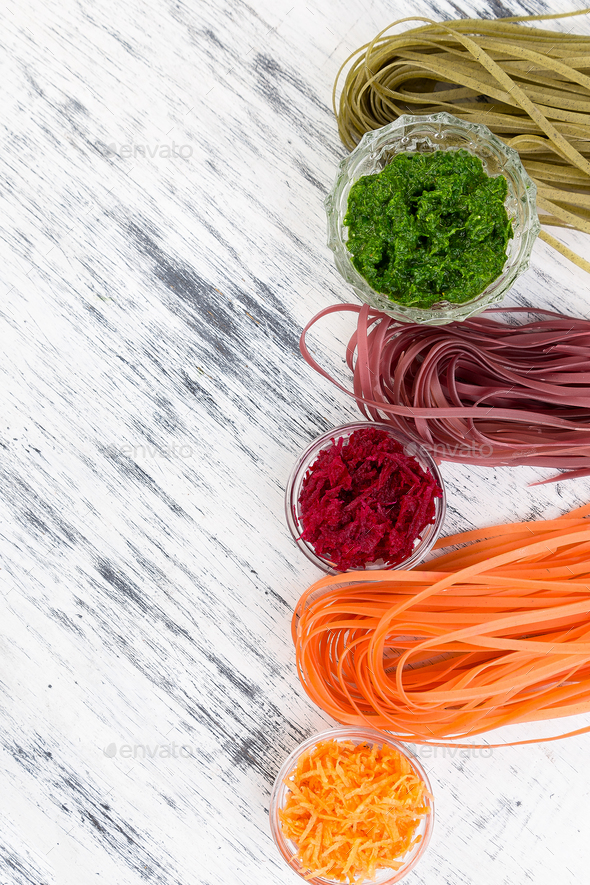 Colored Raw Vegetable Vegetarian Pasta. - Stock Photo - Images