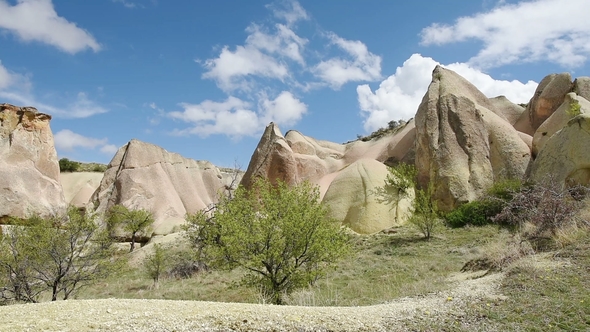 Cappadocia, with Its Valleys, Gorges, Hills, Located Between the Volcanic Mountains in Goreme