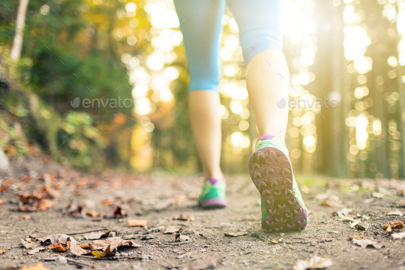 Woman walking and hiking in autumn woods - Stock Photo - Images