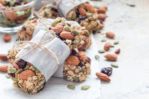 Homemade granola energy bars with figs, oatmeal, almond, dry cra - Stock Photo - Images