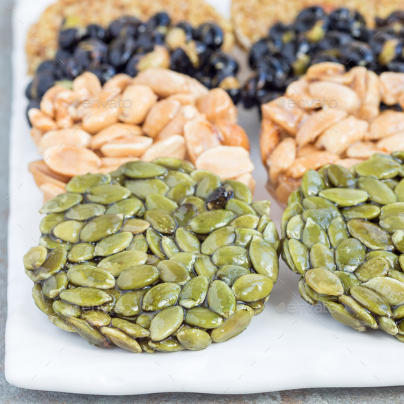 Korean traditional sweet snacks with peanuts, pumpkin seeds, bla - Stock Photo - Images