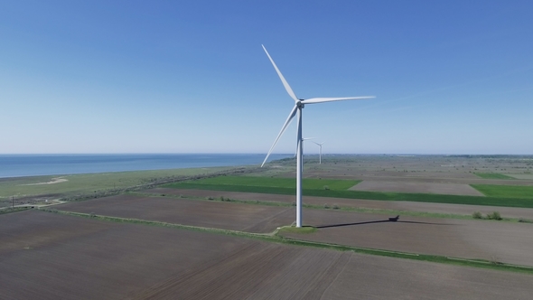 Wind Electric Generator - Power Stations in Field. Aerial View