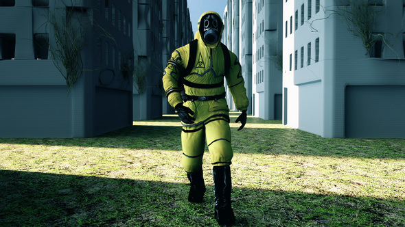 Man in Protective Hazmat Walking in a Deserted City alt