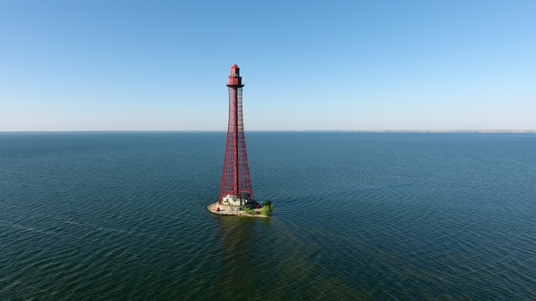Aerial Shot of a High Red Beacon on the Black Sea Shoal in Ukraine in Summer