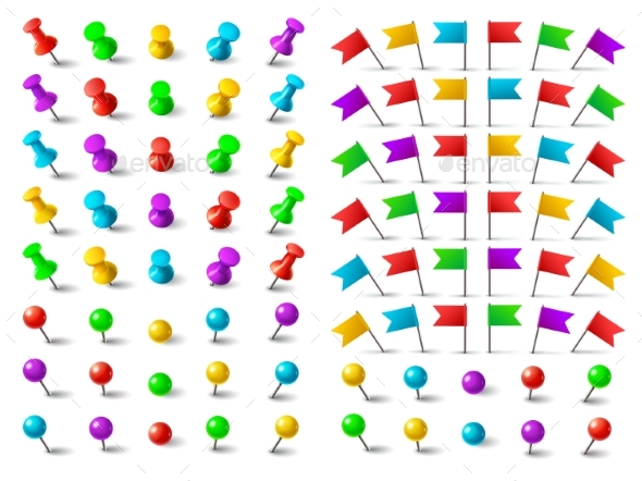 Colors Pushpin, Pinned Flag, and Thumbtack. - Miscellaneous Vectors