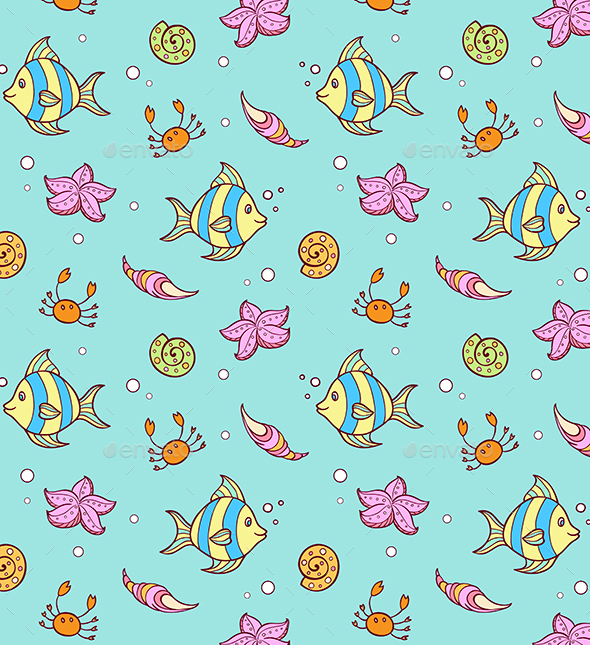Doodle Marine Pattern with Fish - Patterns Decorative