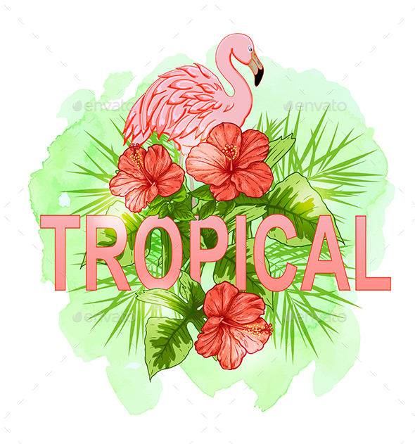 Pink Flamingo and Red Tropical Flowers - Animals Characters