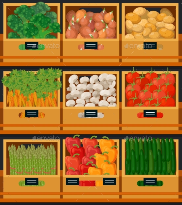 Vegetables at Market in Wooden Boxes with Prices - Food Objects