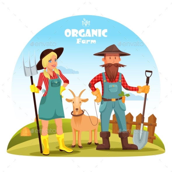 Farmer with Goat and Girl Near Hay Heaps - Animals Characters