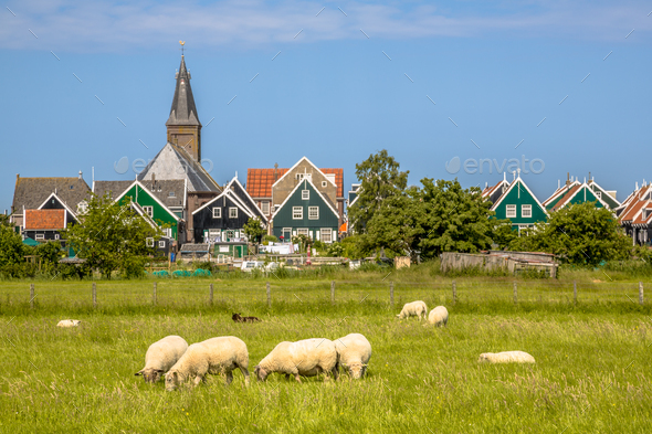Traditional dutch Village with colorful wooden houses - Stock Photo - Images