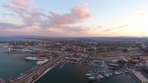 View From the Air To the Seaport of Valencia During Sunset. Spain