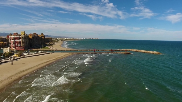 View From the Air To the Beach, the Sea and the Windsurfer on a Sunny and Windy Day in Alboraya