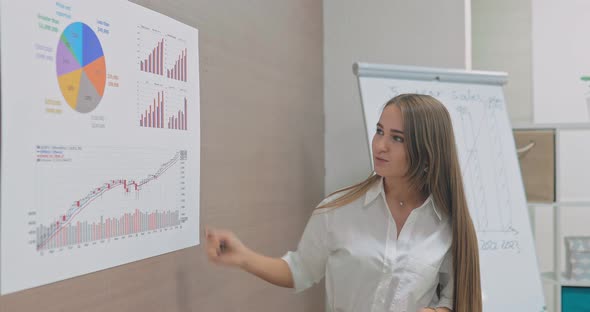 Protection of a Business Project a Young Girl Tells on a Schedule About the Income of the Company