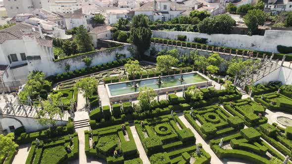 Aerial top view over Beautiful Garden of the Episcopal Palace, Castelo Branco - Portugal alt