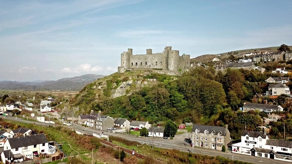Aerial View of the Skyline of Harlech with It's 12Th Century Castle, Wales, United Kingdom alt