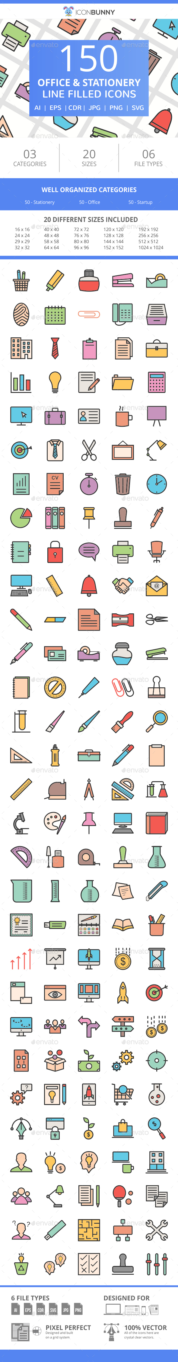 150 Office & Stationery Filled Line Icons - Icons