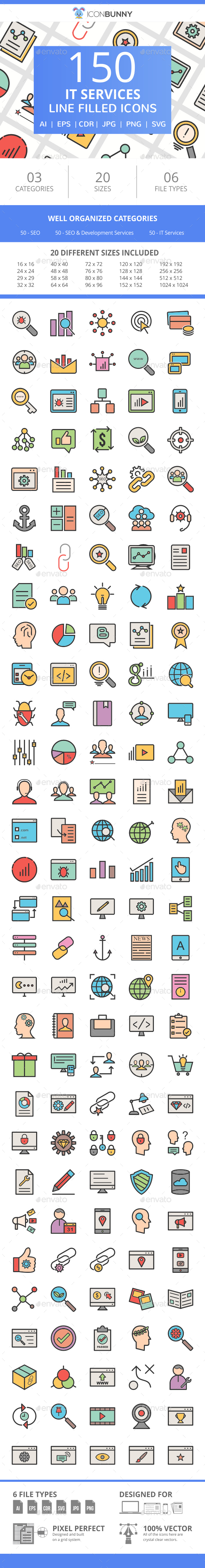 150 IT Services Filled Line Icons - Icons