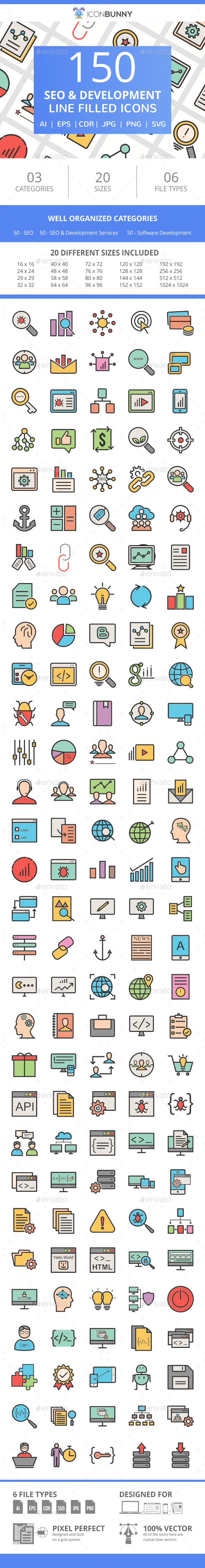 150 SEO & Development Filled Line Icons - Icons