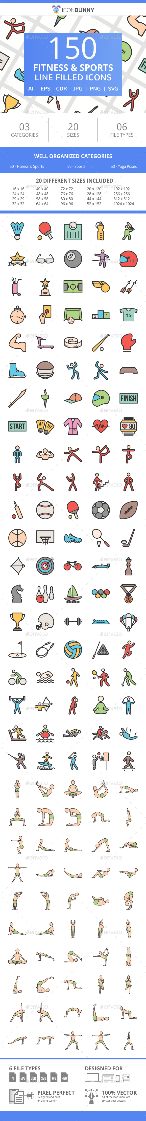 150 Fitness & Sports Filled Line Icons - Icons