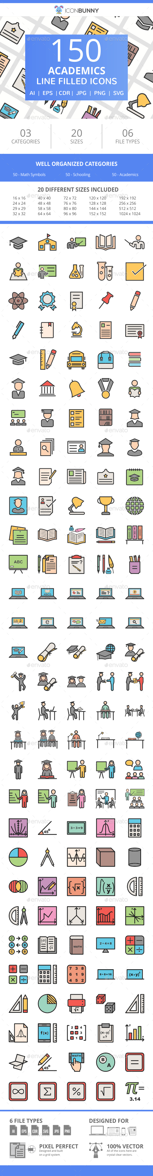 150 Academics Filled Line Icons - Icons