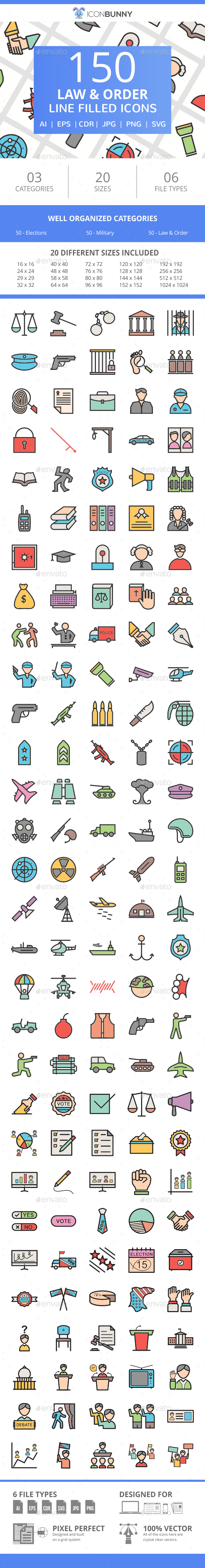 150 Law & Order Filled Line Icons - Icons