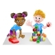 Cartoon Boy and Girl Playing with Car and Blocks