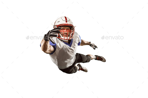 one american football player man studio isolated on white background - Stock Photo - Images