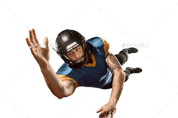 one american football player man studio isolated on white background - Stock Photo - Images
