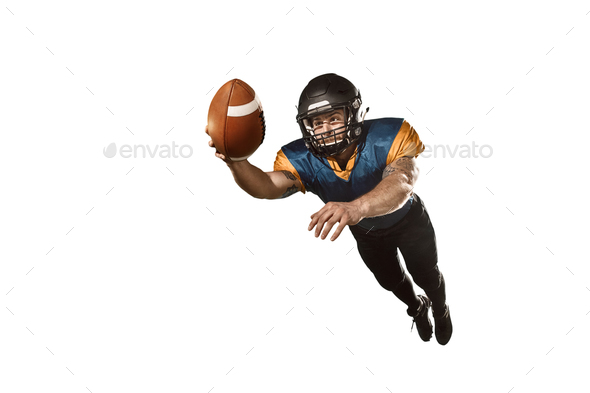 one american football player man studio isolated on white background - Stock Photo - Images