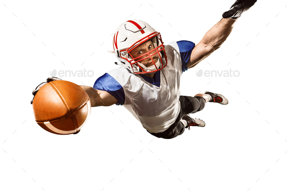 one american football player man studio isolated on white background - Stock Photo - Images