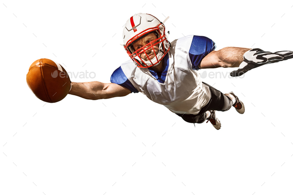 one american football player man studio isolated on white background - Stock Photo - Images