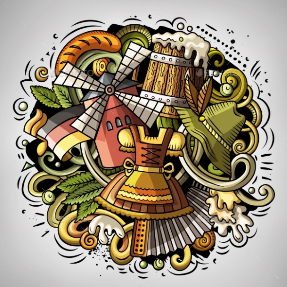 Cartoon Vector Doodles Beer Fest Illustration - Food Objects