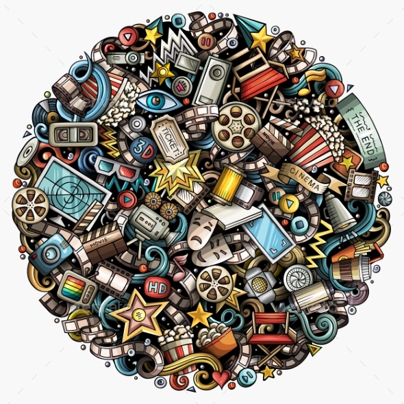 Cartoon Vector Doodles Cinema Illustration - Man-made Objects Objects