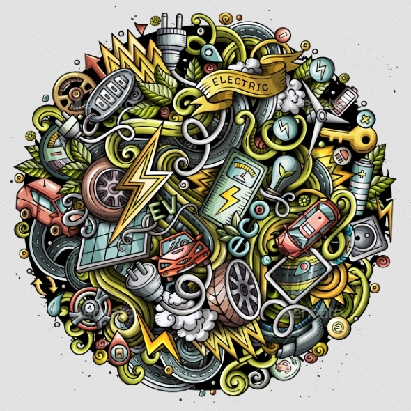 Cartoon Vector Doodles Electric Cars Illustration - Man-made Objects Objects