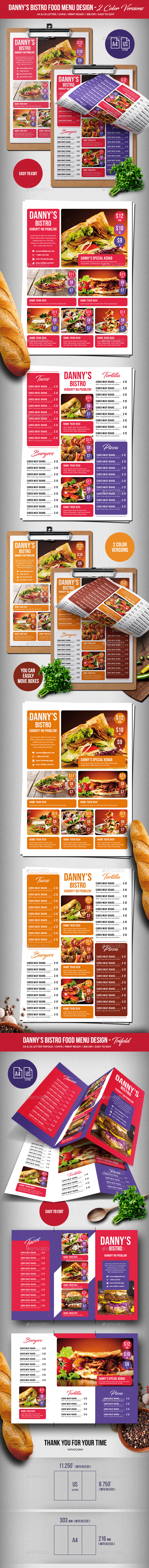 Danny's Bistro Menu Bundle - Single Page & Trifold - A4 & US Letter - Food Menus Print Templates