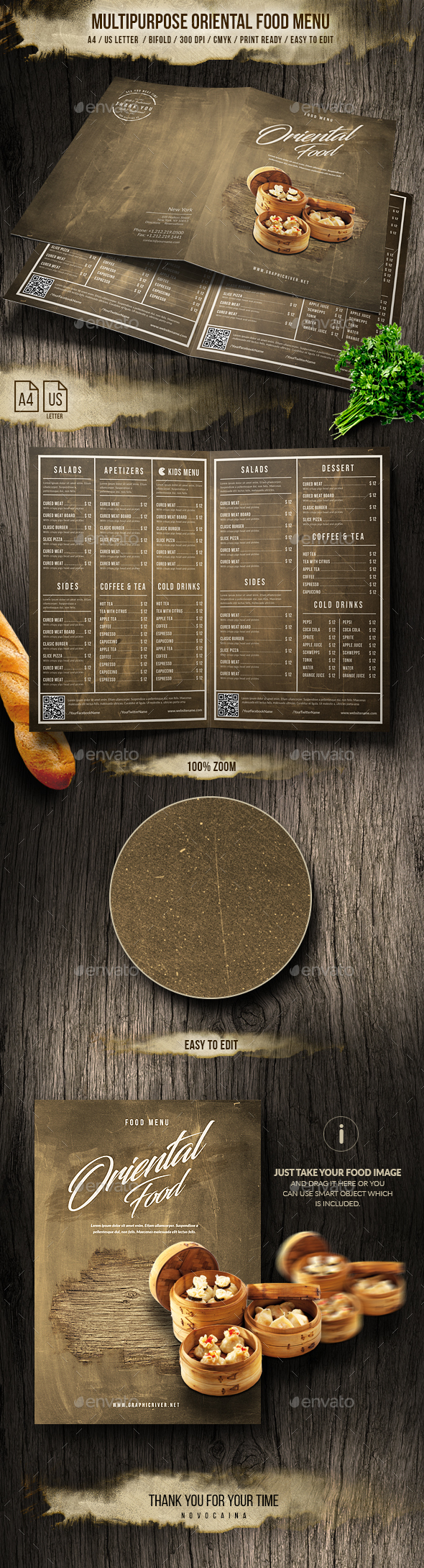 Multipurpose Oriental Bifold Menu - A4 & US Letter - Food Menus Print Templates