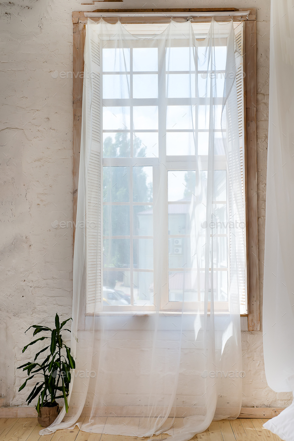 Glass windows with white curtains, flower in a pot on the floor and view over the trees. - Stock Photo - Images