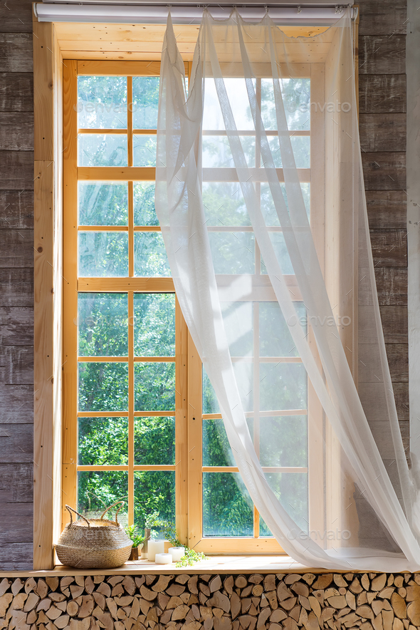 Empty room, wooden window with with curtain and window Stock Photo by lyulkamazur
