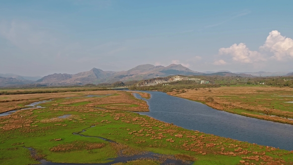 Aerial View Of The Glaslyn Marshes Close To The Railway With The 