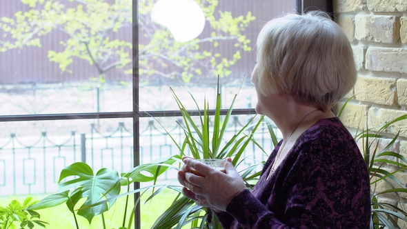 Mature Woman Drink Coffee Looking at Window alt